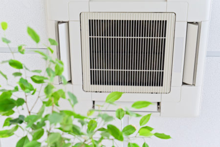 Ceiling air conditioner in modern office or at home with green ficus plant leaves an idea of clean air. Indoor air quality concept