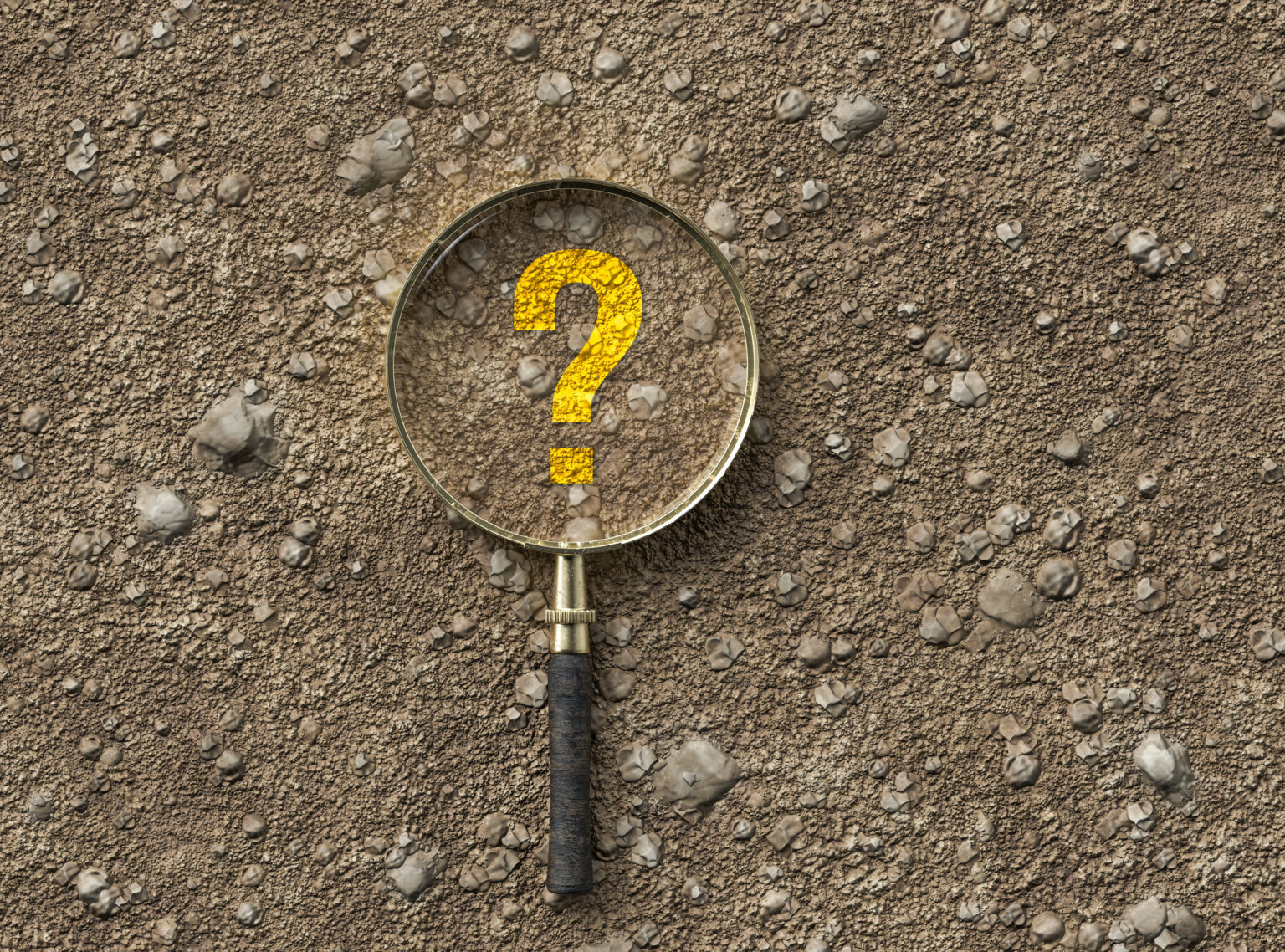magnifying glass with question mark on dirt gravel background - 3d illustration